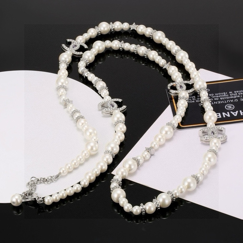 CHANEL Silver-Tone Pearl & Crystal CC Logo Long Necklace